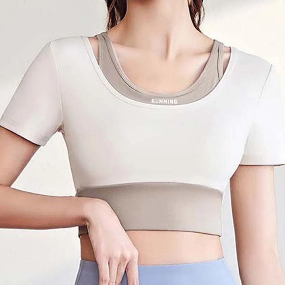 

Спортивный топ в сочетании в одном с бюстгальтером, плотный, дышащий, для фитнеса, с короткими рукавами, утолщенный, из двух частей, короткий топ больших размеров для пилатеса
