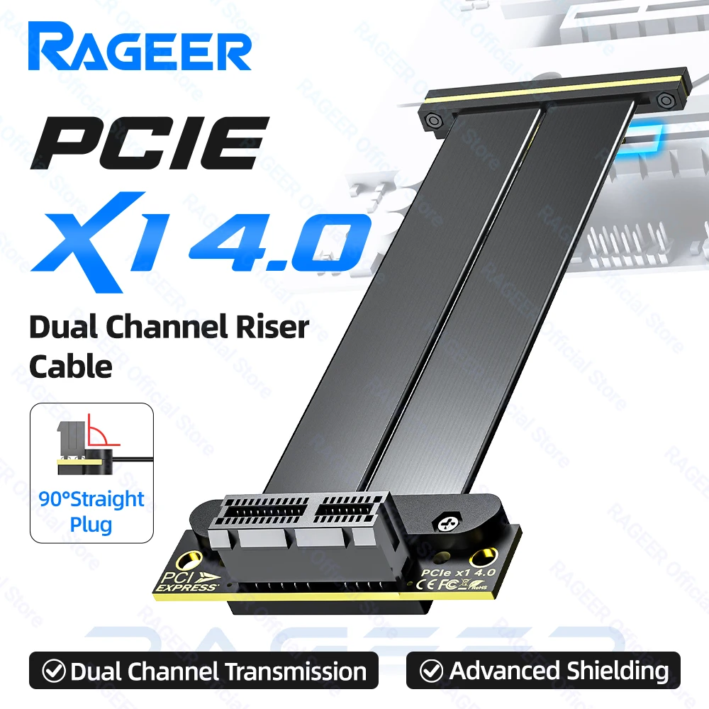 RAGEER PCIe 4.0 3.0 X1 Riser Cable PCI-Express X1 Extension Cable Dual 90 Degree Right Angle High speed for Network/Capture Card