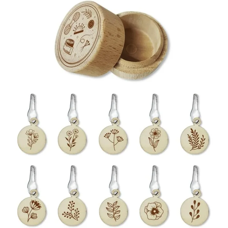 

20 Pcs 10 Styles Plant Wood Stitch Markers, Round Stitch Marker with 2 Pcs Storage Box Leaf Knitting Markers with Gourd Safety