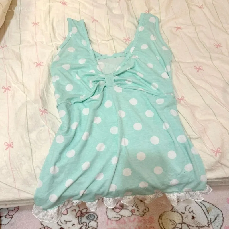 Summer New Green Lace Splicing Halter Tank Tops Japanese Retro Subculture V-neck Vest Women's Original Polka Dot Print Slim Top