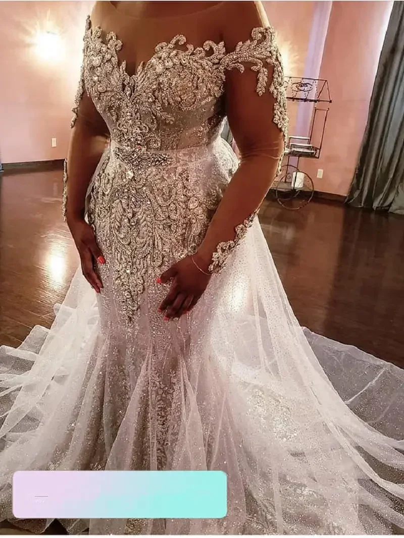 Personalizado colher pescoço sereia cristais pesados contas vestido de casamento ilusão mangas compridas plus size rendas apliques vestidos de noiva