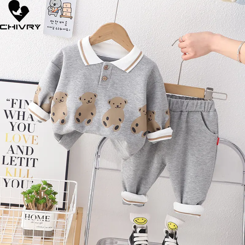 

Boys Fashion Clothing Sets 2023 Baby Kids Spring Cartoon Bear Lapel Sweatshirt Tops with Sports Pants Children Casual Clothes