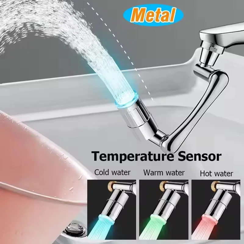 

Металлический светодиодный датчик температуры, удлинитель кухонного смесителя, 3-крана цвета, распылитель для раковины в ванной комнате, вращение на 1440 градусов, удлинитель смесителя