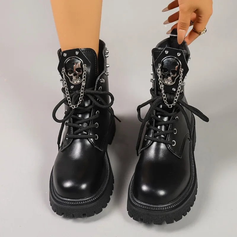 Damen Punk-Stiefeletten mit Plateau-Schnallendesign, Schnürstiefel mit Blockabsatz, Schuhe mit Metallverzierung, lässige Outdoor-Stiefel, Größe 42