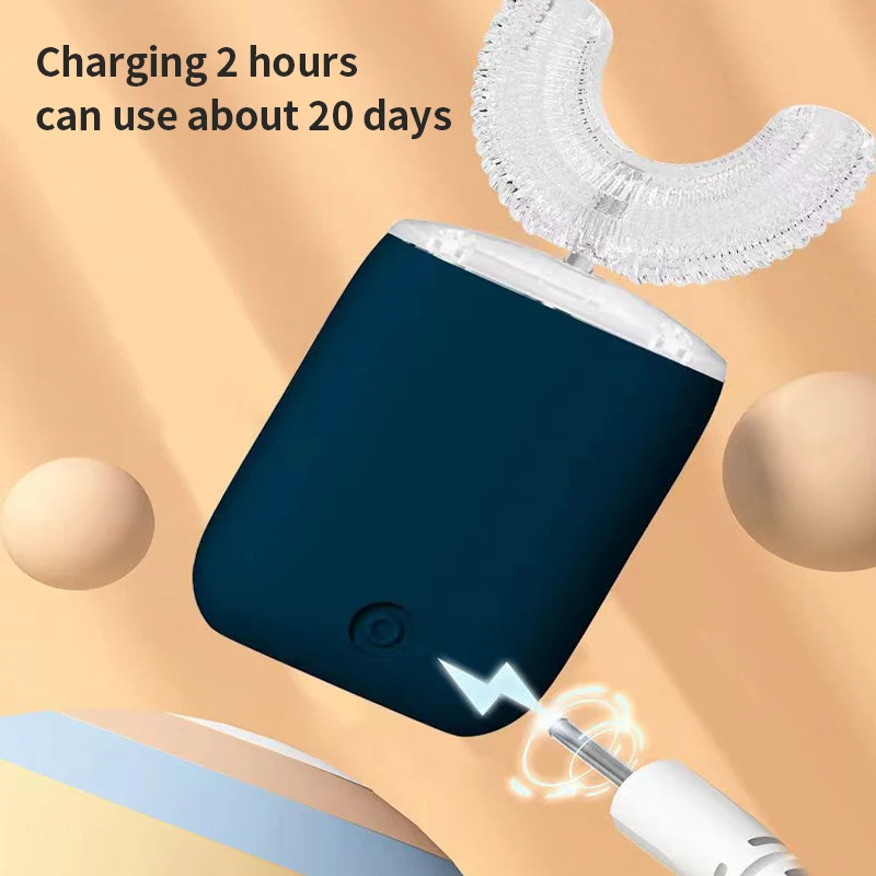 فرشاة أسنان كهربائية على شكل حرف U قابلة لإعادة الشحن للأطفال الصغار، فرشاة أسنان ذكية بزاوية 360 درجة، سيليكون أوتوماتيكية بالضوء الأزرق