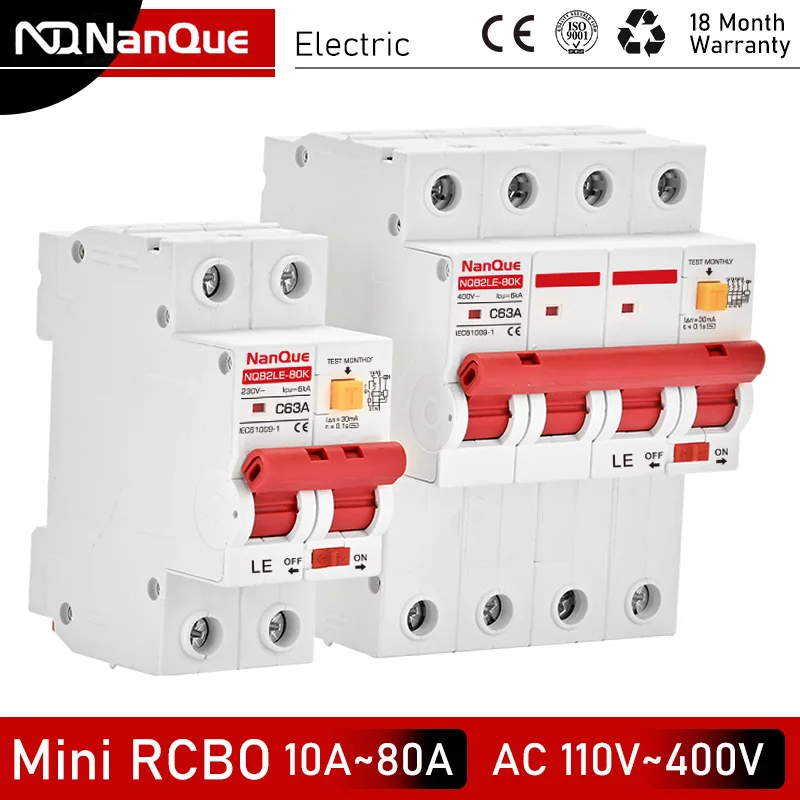 Nanque Mini Circuit Breaker AC230V 380V Voltage RCBO  Two Three Phase RCD 30mA Leackage Protector 10A 16A 20A 25A 32A 40A 50A