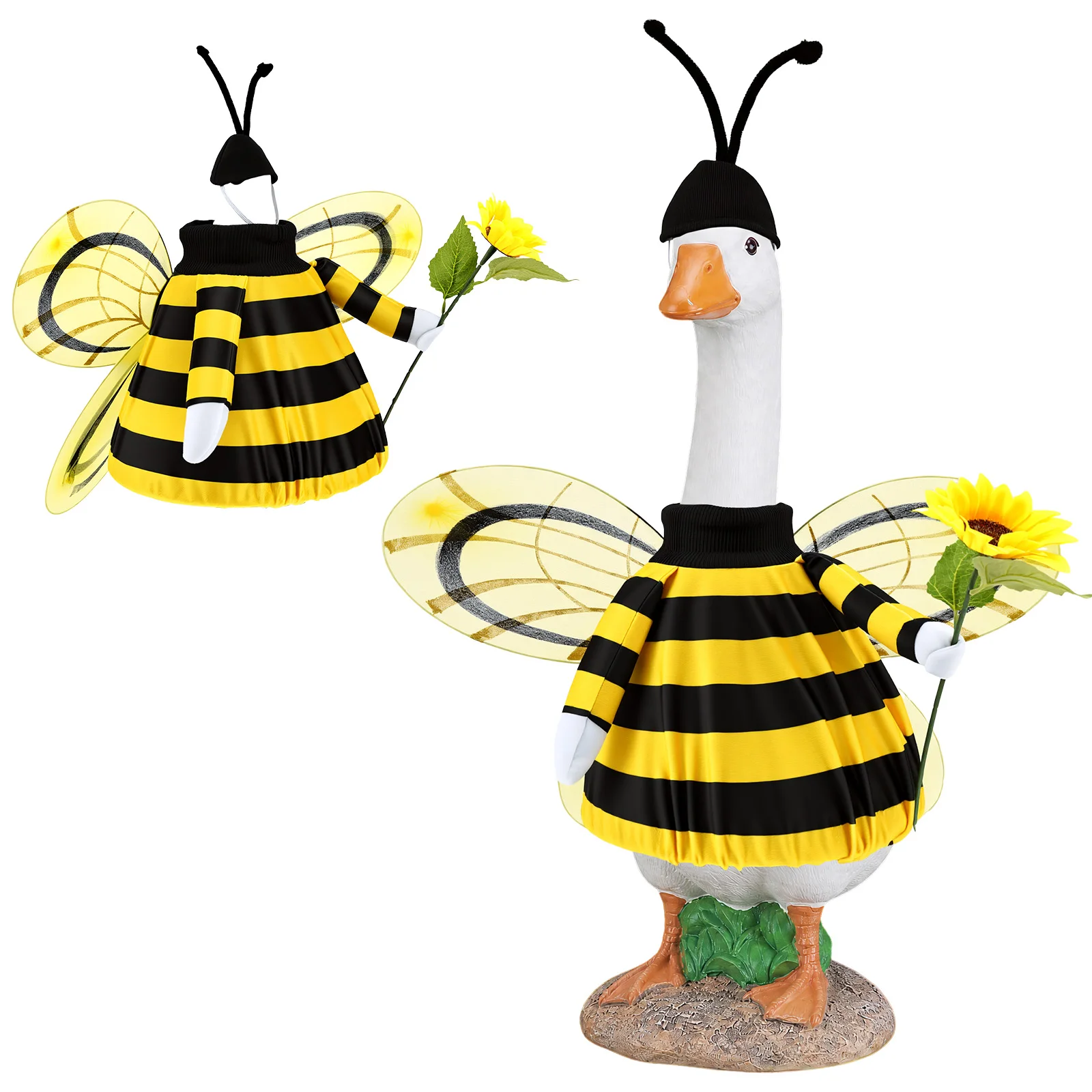 Disfraz de Abeja/Mariquita para Ganso de Jardín, Estatua de Ganso de 23 Pulgadas con Sombreros, Alas y Ramos de Girasoles para Decoración de Jardín y Césped