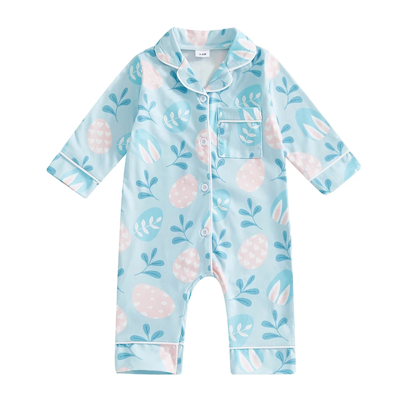 

Baby Girl Spring Romper Long Sleeve Lapel Collar Easter Egg Print Jumpsuit Infant Pajamas