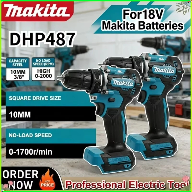 

Аккумуляторная бесщеточная дрель-шуруповерт Makita DHP487, компактная, с высоким крутящим моментом, с регулируемой скоростью, электроинструмент с бесщеточным двигателем