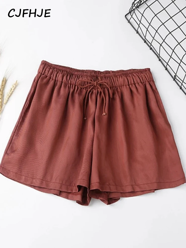 CJFHJE-shorts femininos de cintura alta, casual e solto, com cordão, monocromático e frio, estilo coreano, verão