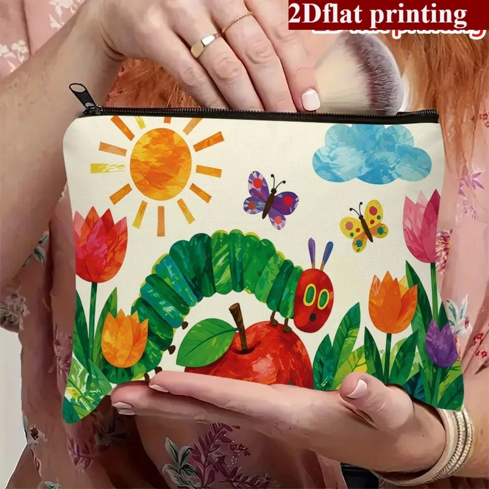 1Pc 2D Modern Caterpillar Eating Apple Print Makeup Bag, Portable Small‑item Storage Pouch, Ideal for Birthday Gift