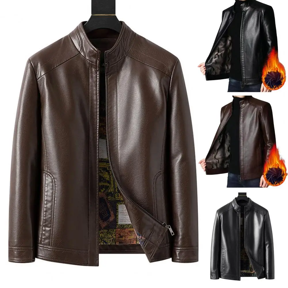 

High-quality Faux Leather Jacket Stylish Men's Faux Leather Jacket with Standing Collar Zipper Closure Gift for Dad or Boyfriend