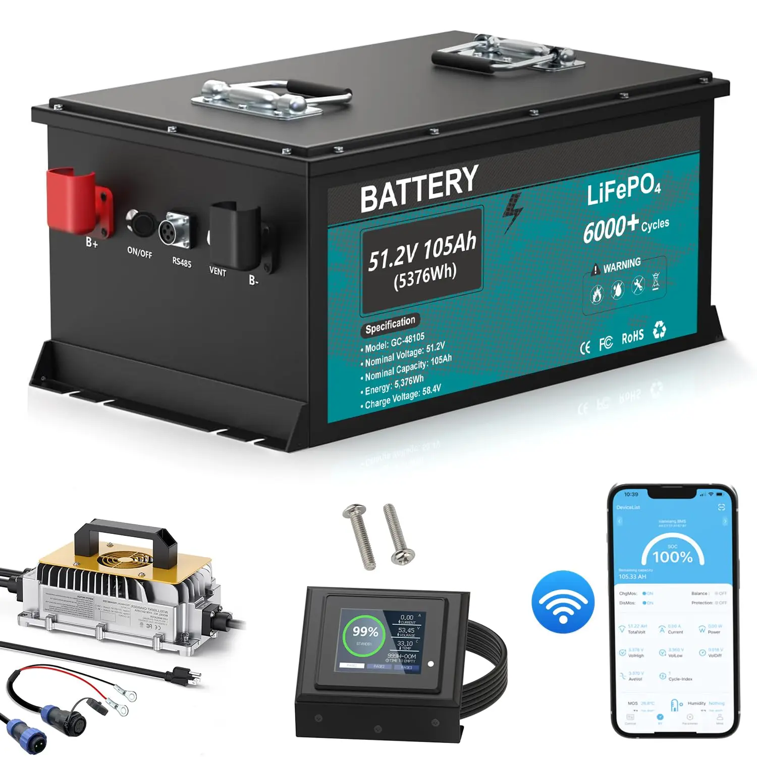 

48V (51.2V) 105AH Lithium Battery for Golf Cart, Lifepo4 Battery with 58.4V 18A Charger Built-in 200A BMS,, Customized