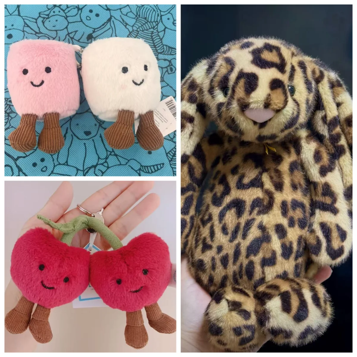 Pluszowe zabawki, króliczki w panterkowy wzór, misie w szlafrokach, smoki w kolorze matcha oraz breloczki w kształcie pianek, wiśni i arbuza.