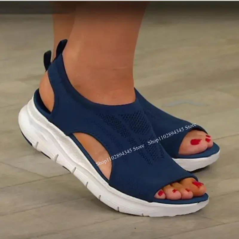 

Blue Mesh Cloth Hollow Sandals Flattie Fashionable Sexy Novel Comfort 2023 Summer Big Size Woman Shoes Relax Zapatillas Mujer
