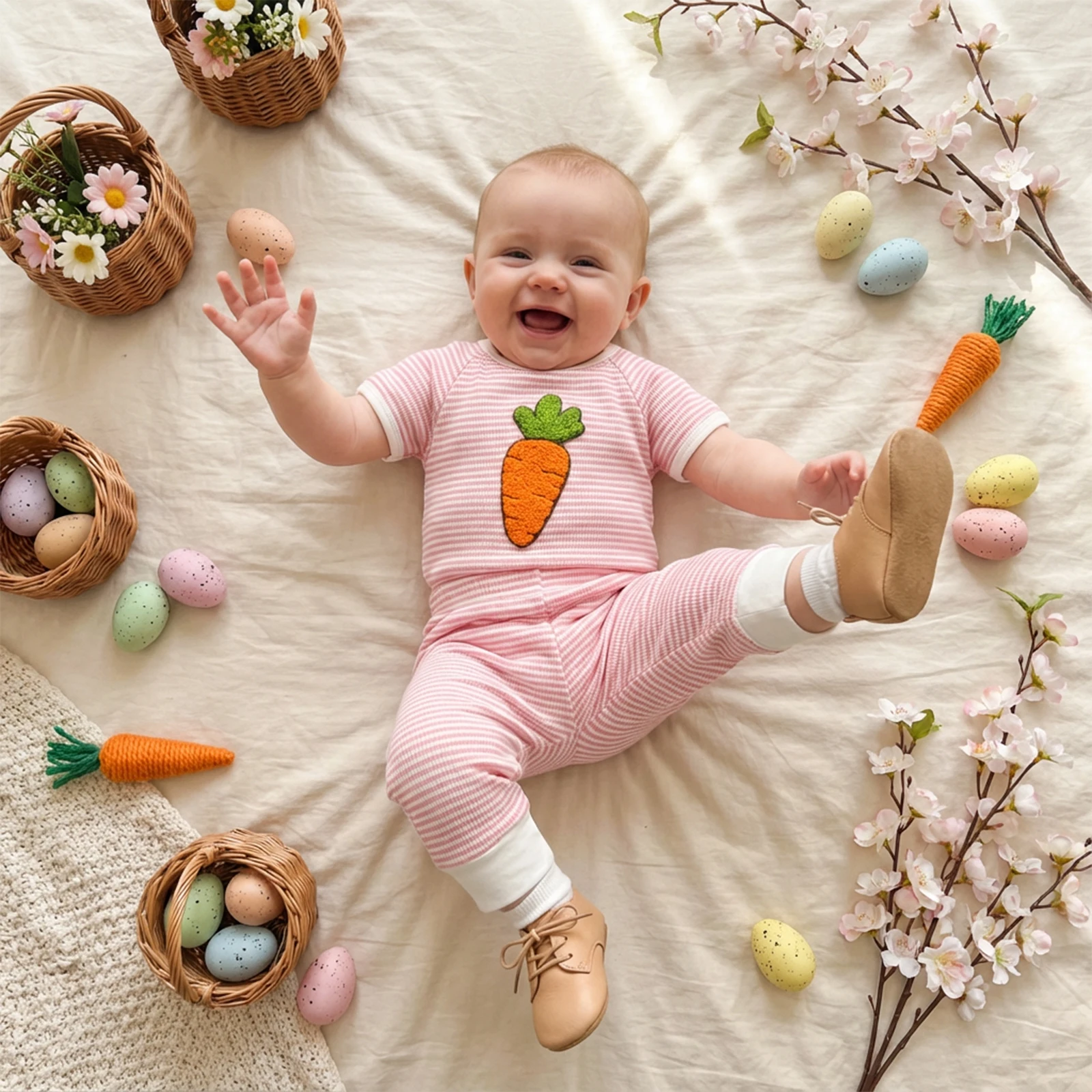 Baby Boys Girls Summer Outfit Short Sleeve Embroidery Carrot Rabbit Romper with Striped Pants 2-piece Outfit Easter Clothes view 3