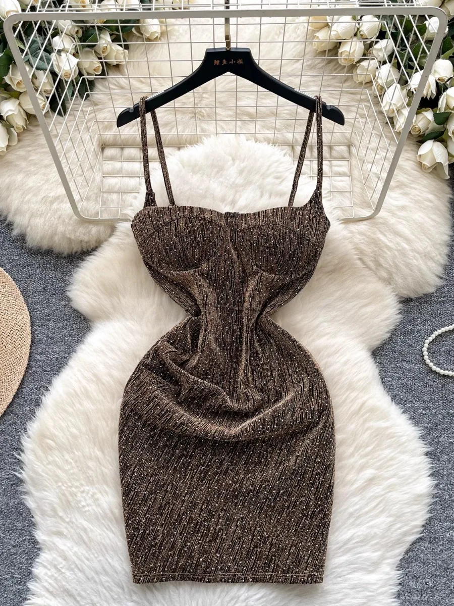 

Foamlina Luxury Chic Fashion Hot Diamond Bright Silk Suspender Dress Women's Summer Waist Skinny Sleeveless Tube Mini Dresses