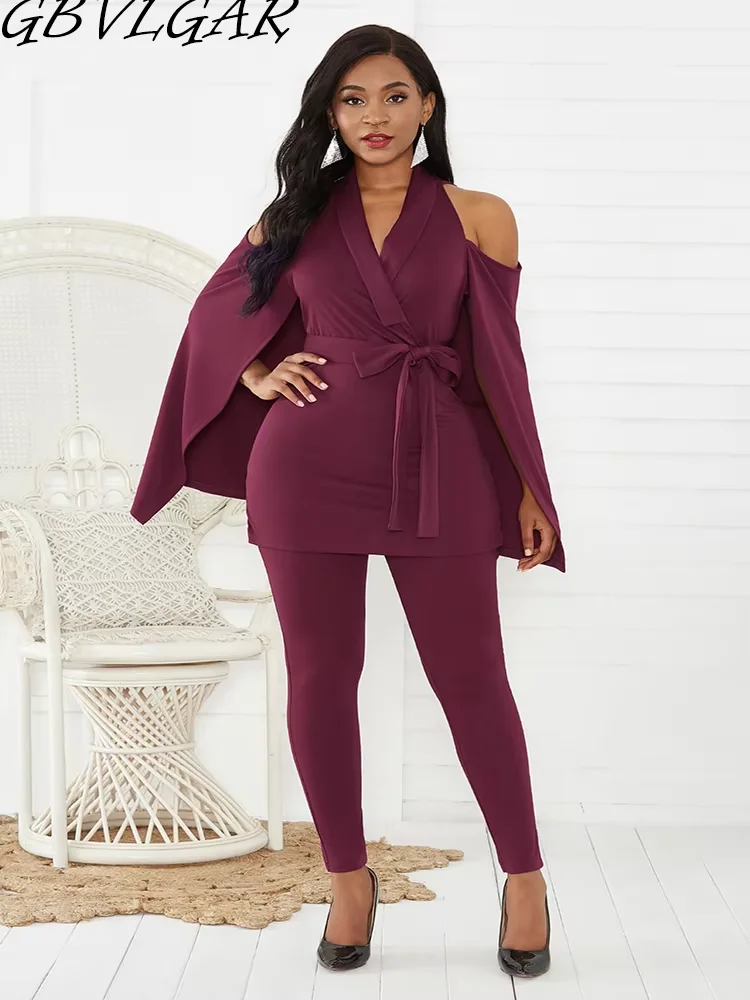 Women Going Out Party Black Cloak Sleeve Jumpsuits Casual V-Neck Top Cape Skirt Pencil Pants Suit Winter Lady Jumpsuit With Belt