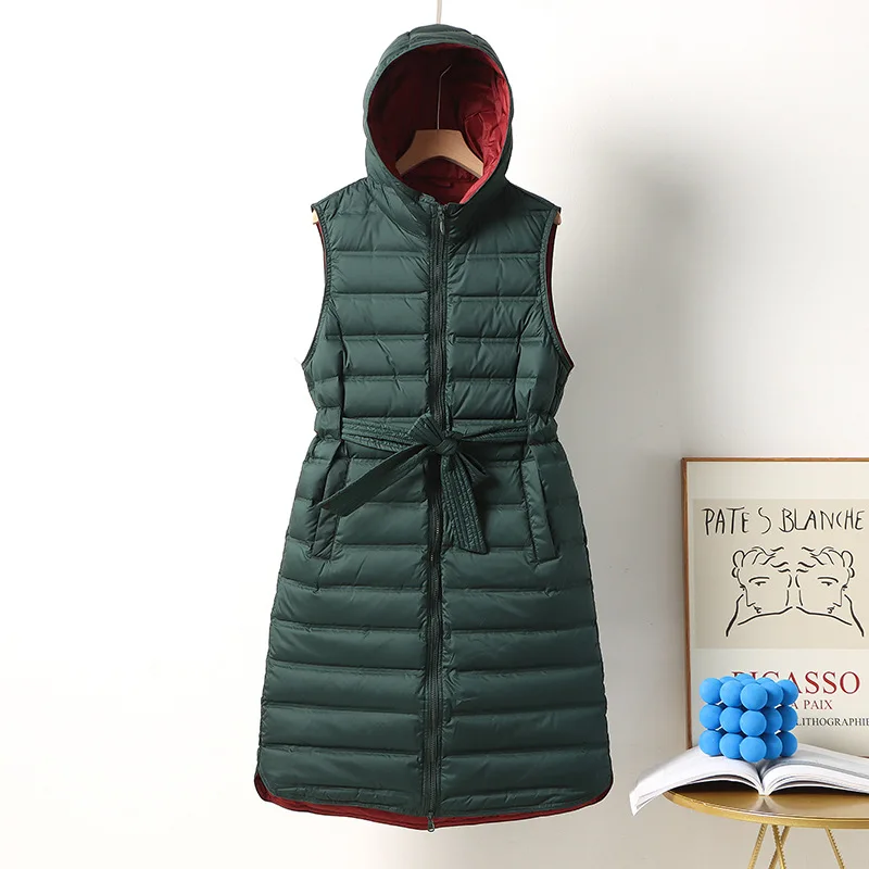 Ultra Light Down Jackets Women Hooded Extra Long White Duck Down Vest Sleeveless Puffer Jacket Women Winter Waistcoat JK-981