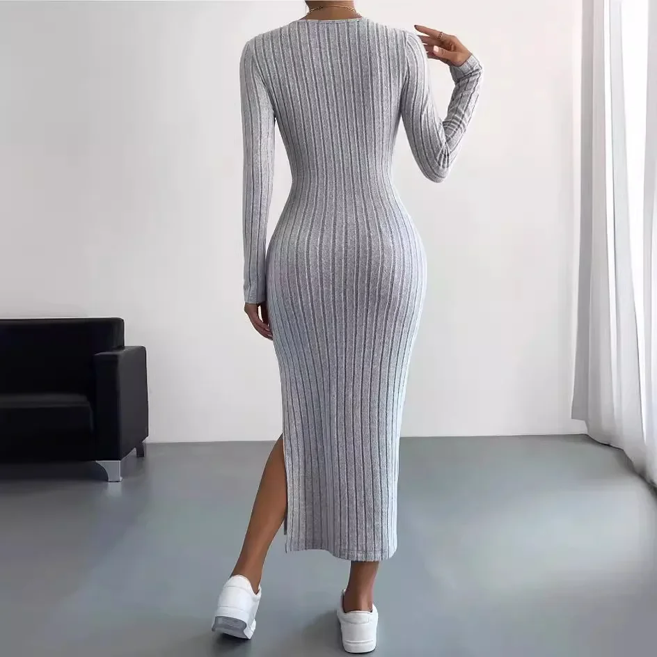 Hot sale 2024 autumn and winter new long sleeve round neck slit knitted long dress for women