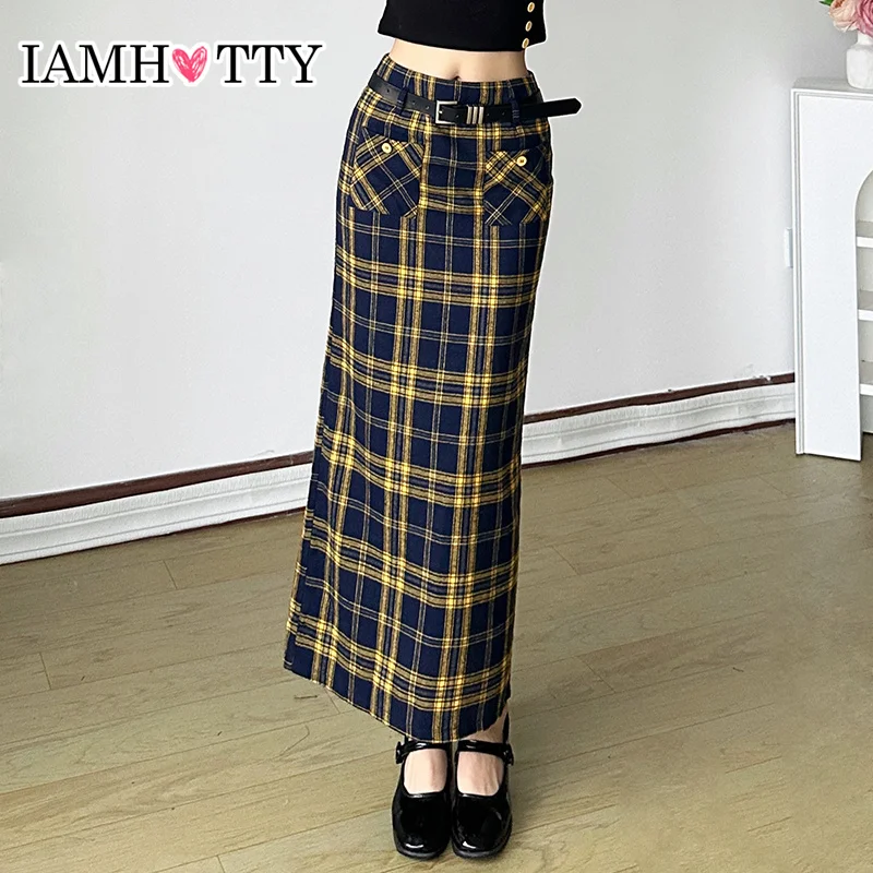 IAMHOTTY Double Pockets Plaid Long Skrit with Belt High Waist Straight  Cargo Skirts Back Split Vintage England Bottoms Preppy