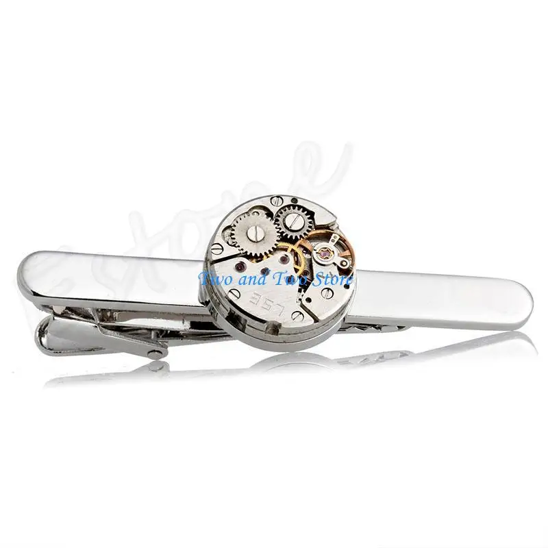 

HX6F Fashion Steampunk Men's Tie Clip Vintage Watch Movement Tie Clasp Tack Silver
