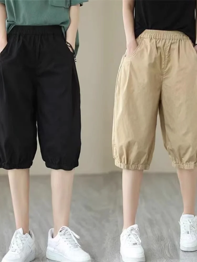 

Летние тонкие хлопковые льняные брюки-шаровары женские, больших размеров, повседневные, с высокой талией, в корейском стиле, для работы и отдыха