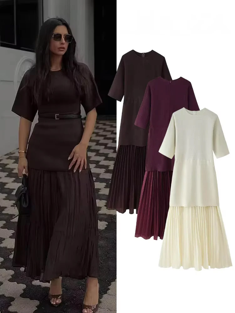 

HH Women Summer Fashion Crew Neck Short Sleeve Splicing Decorate Knitted Pleated Dress Female Vintage Rear Zipper Long Dress