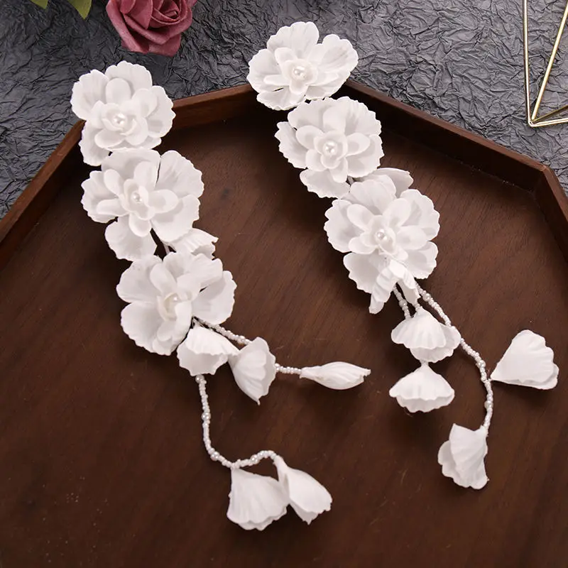 Elegant Flower Hair Clip White Silk Flower Bridal Hair Accessory Handmade Tassel Pearl Hair Clip For Women Girls Exquisite Clips