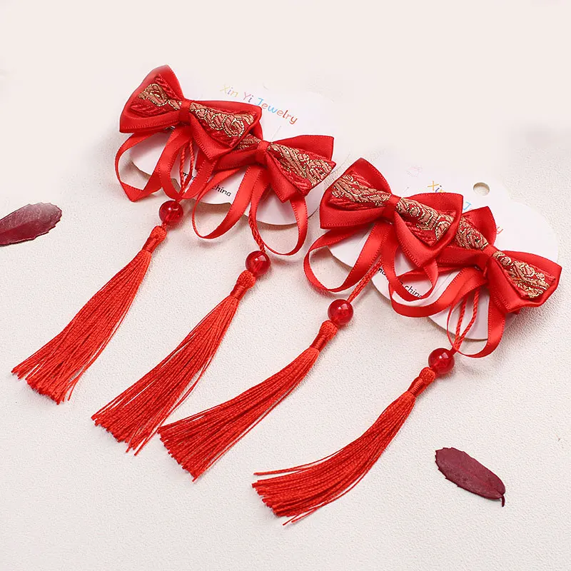 New Year Children Tassel Bow Hairpin Chinese Style Red Hanfu Hair Cips Sweet Princess Duckbill Clip