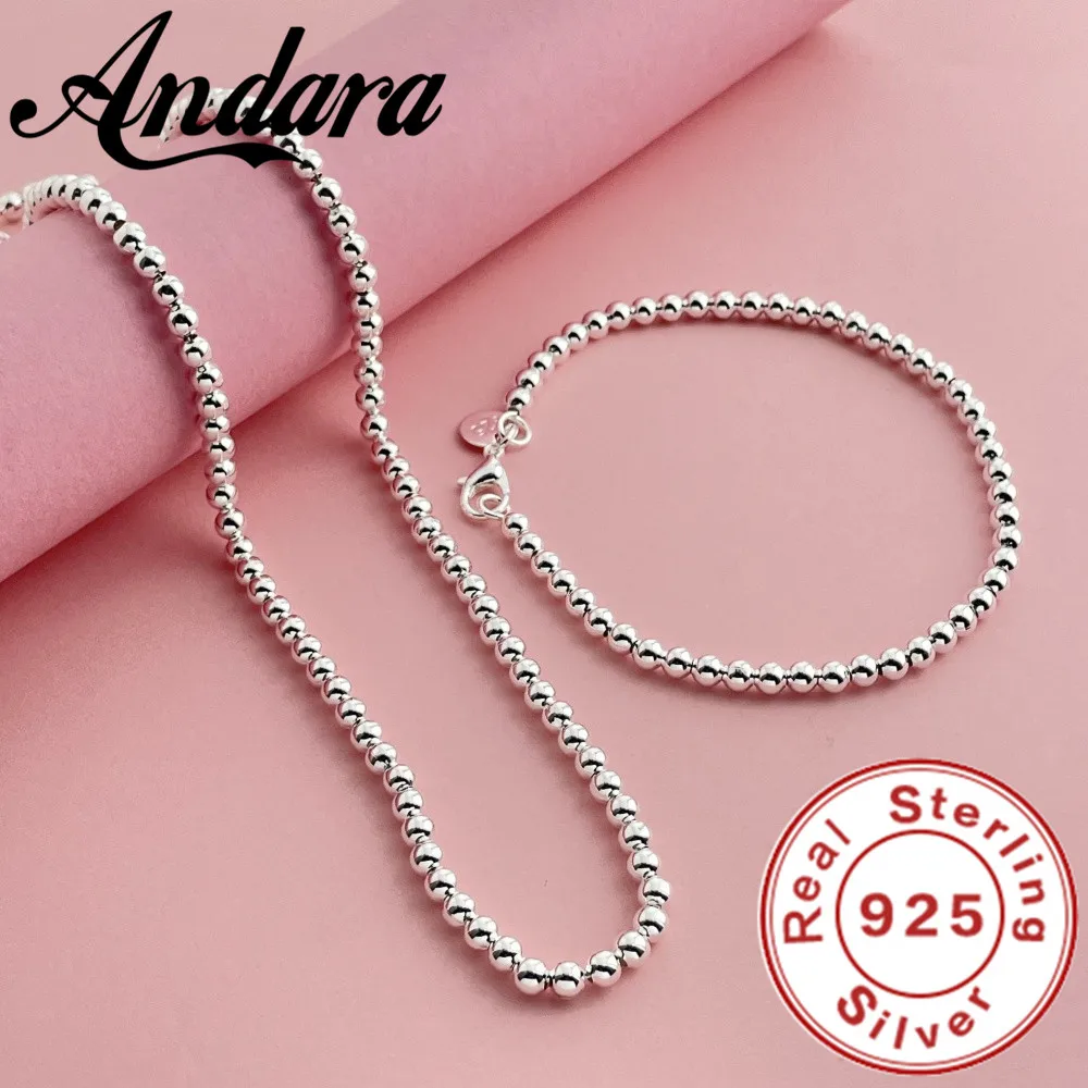 Exquisites 925 Sterling Silber 4 mm Buddha Perlen Halskette Armband Set für Frauen Verlobungsfeier Schmuck