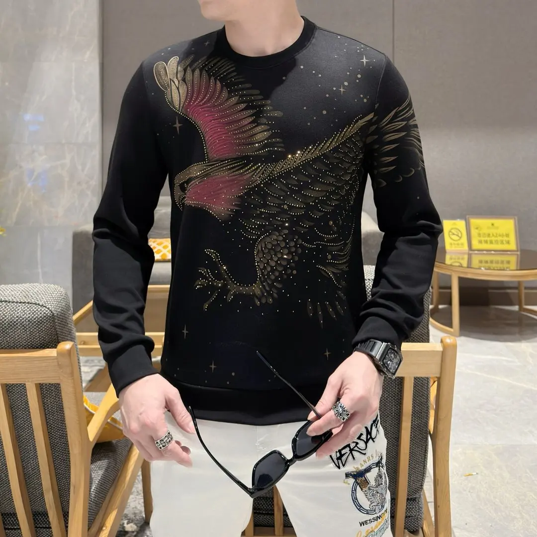 

Осенние мужские толстовки Eagle Rhinestone, деловая социальная толстовка, мужские свободные повседневные пуловеры с длинными рукавами и круглым вырезом, футболки