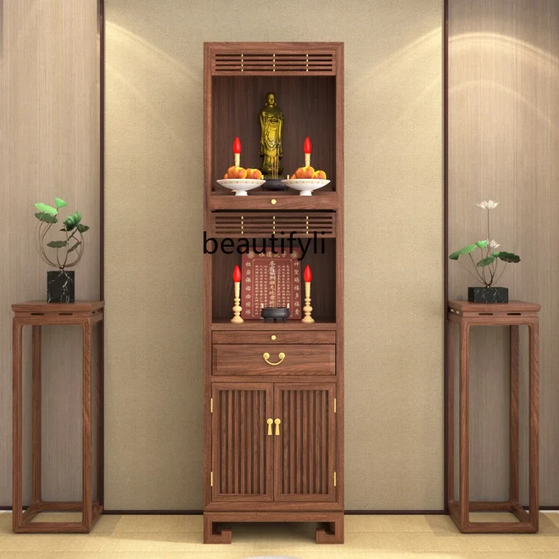 

VSimple Buddha Niche with Door Household Double Layer Buddha Cabinet Black Walnut Solid Wood Clothes Closet
