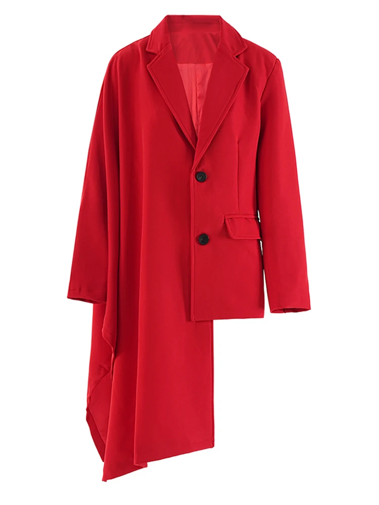 [EAM] donna rosso orlo irregolare Big Size lungo elegante Blazer nuovo risvolto manica lunga giacca moda marea primavera autunno 2024 CPG2130