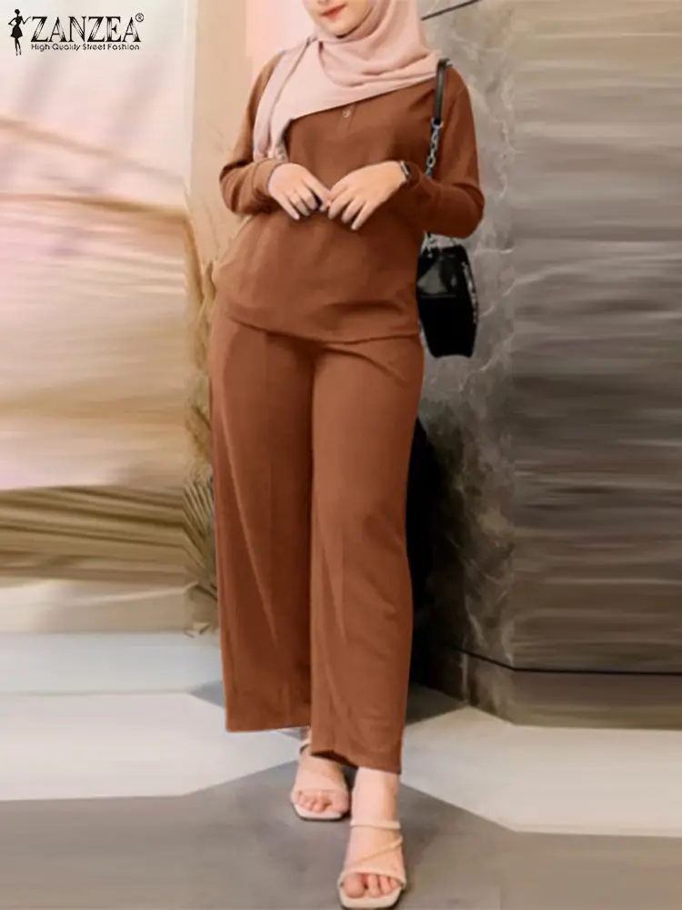 

Elegant Muslim Sets 2pcs Casual Loose Outifits Summer Long Sleeve Blouse Trousers Suits 2024 ZANZEA Fashion Women Matching Sets