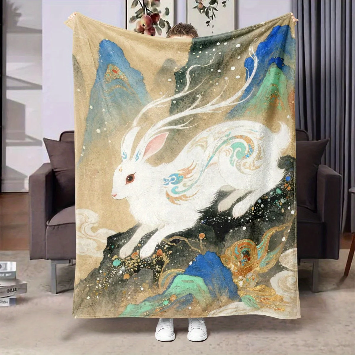 Mythical White Rabbit Flannel Blanket - All-Season Soft Throw with Celestial Mountain Landscape in Blue, Golden, Beige & White