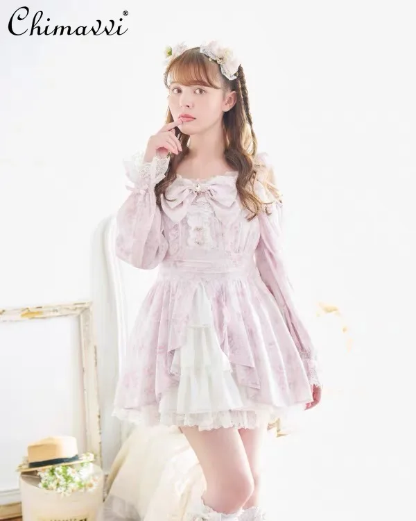 

Liz Japanese Sweet Ruffled Lace Lace-Up Mass-Produced Rose Ribbon Dress Top Short Skirt Set Princess Lolita Two-Piece Set