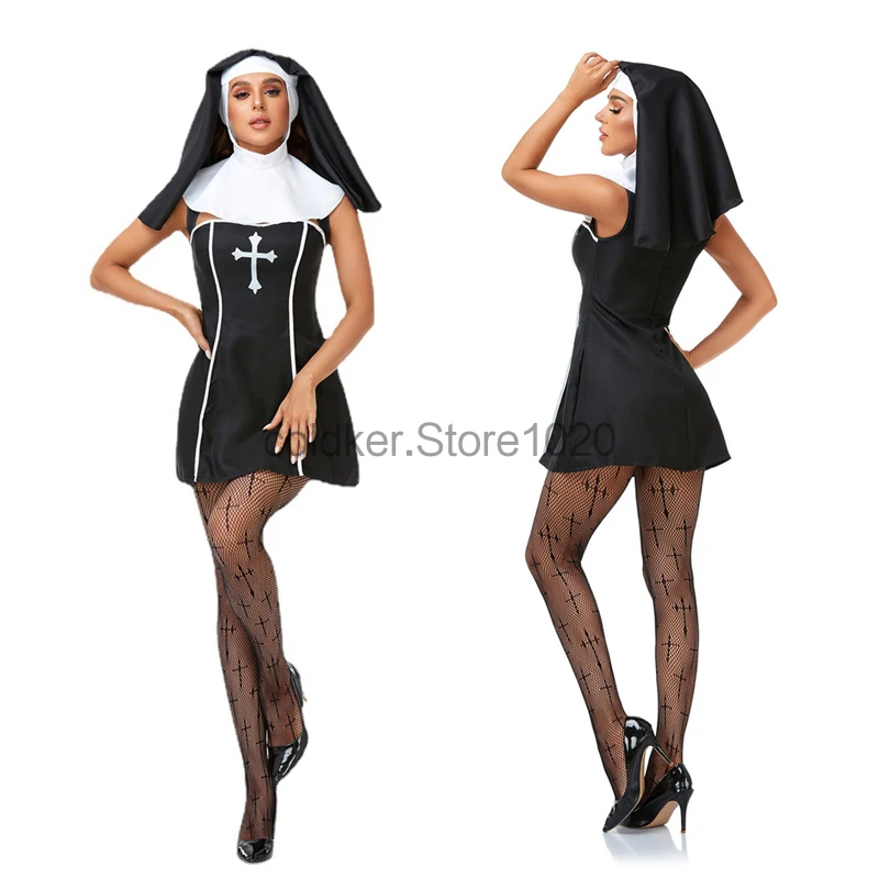 New Women Sexy Nun Cosplay Costume Halloween Fancy Nun Role Play Stage Performance Wear Ladies Carnival Party Outfits