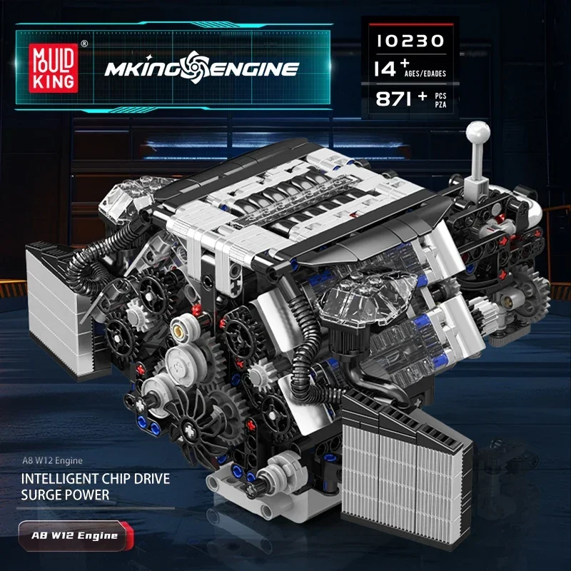 

871pcs W12 Mini Engine Model Kit Works A8 Sports Car Engine Building Block Electric Power Version, STEM Toy Mould King 10230