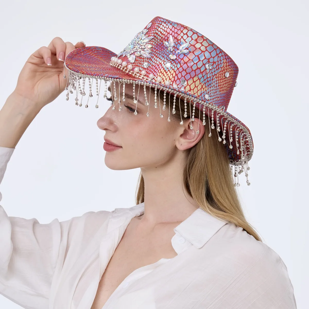 หมวกฮองหลวนประดับกลิตเตอร์สำหรับผู้ใหญ่และหมวกคาวบอยประดับคริสตัลสำหรับผู้หญิง, อุปกรณ์เสริมคอสเพลย์คาวบอยหญิงและหมวกคาวเกิร์ล