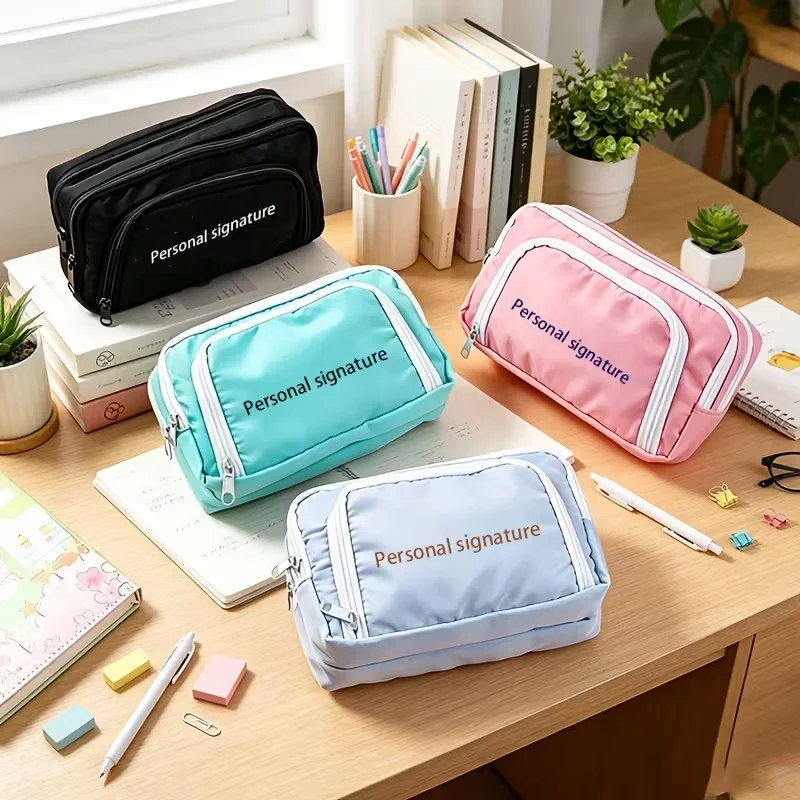 1Pc Personalized Custom Three-Layer Large-Capacity Window-Style Pencil Case for High School Students, Simple Stationery Bag, Solid Color Ins-Style Pencil Case, Japanese-Style Pencil Box, Custom Signature Style Large-Ca