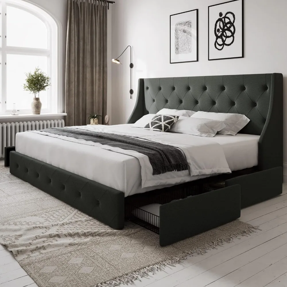 

King Size Bed Frame with 4 Storage Drawers and Wingback Headboard, Button Tufted Design, No Box Spring Needed, Dark Grey