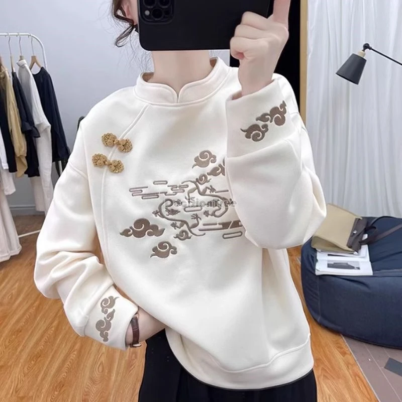 2024 exquisite embroidery pure cotton hoody elegant stand collar improved qipao hoddy thicken long sleeves chinese style sweater