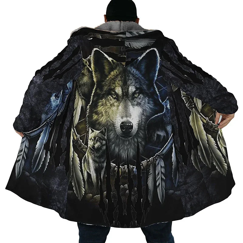 Men's Winter Jacket Wolf 3D Print Thick Warm Zipped Hoodie Male Coat Cape Robe Overcoat Parkas Invierno Hombre Blanket 2024 New