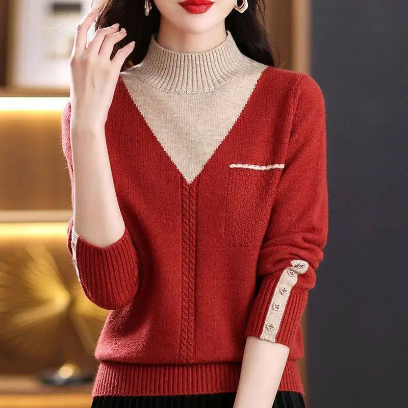 Women Vintage Splicing Panelled Sweaters Autumn Winter Streetwear Fashion Mock Neck Long Sleeve Casual Slim Knitted Pullovers