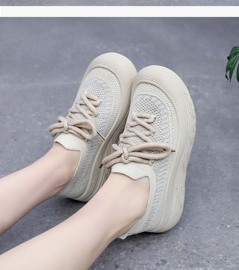 Damen-Sneaker mit Strickmuster, Mesh-Einsatz und Schnürung, dicke Plateausohle, atmungsaktiv, leicht, rutschfest, für Freizeit, Sport und Spaziergänge, ideal für den täglichen Gebrauch im Freien. – Detail 13