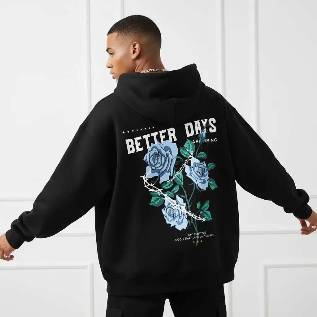 Men's Blue Roses & Positive Quotes Graphic Hoodie - Cotton Blend Black Long Sleeve Pullover Regular Fit | Soft & Breathable Fabric, Durable Print, Everyday Comfort, Machine Washable, Streetwear Urban Outdoor