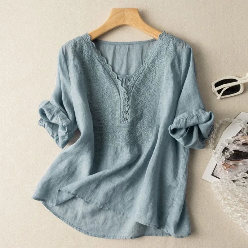 

Summer Literary Retro Linen Short-Sleeve Shirt with Elegant Embroidery V-Neck Cotton-Linen Top for Women