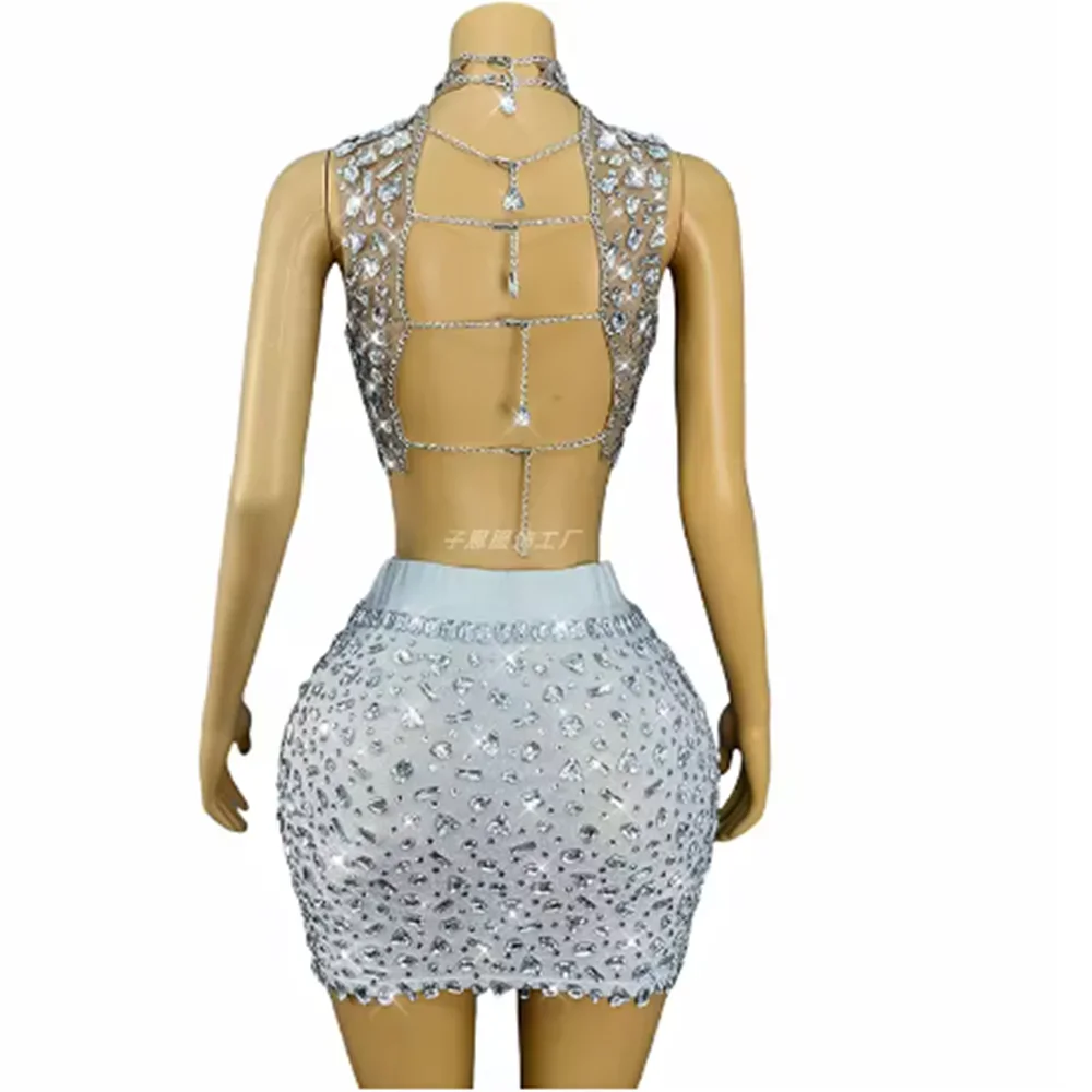 Femmes Rave Wear scène tenue Sexy Showgirl robe argent strass haut jupe ensemble discothèque Dancewear Festival fête costume