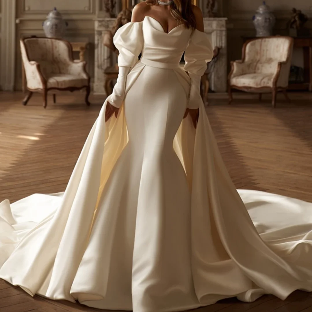 

Detachable Train Court Train V Neck Long Sleeve Pleat Satin Bridal Gown Bride Dresses Gorgeous Mermaid Wedding Dresses Custom